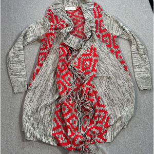 Vintage Havana Open Front Fringe Duster Cardigan Women's Medium Red Gray Aztec